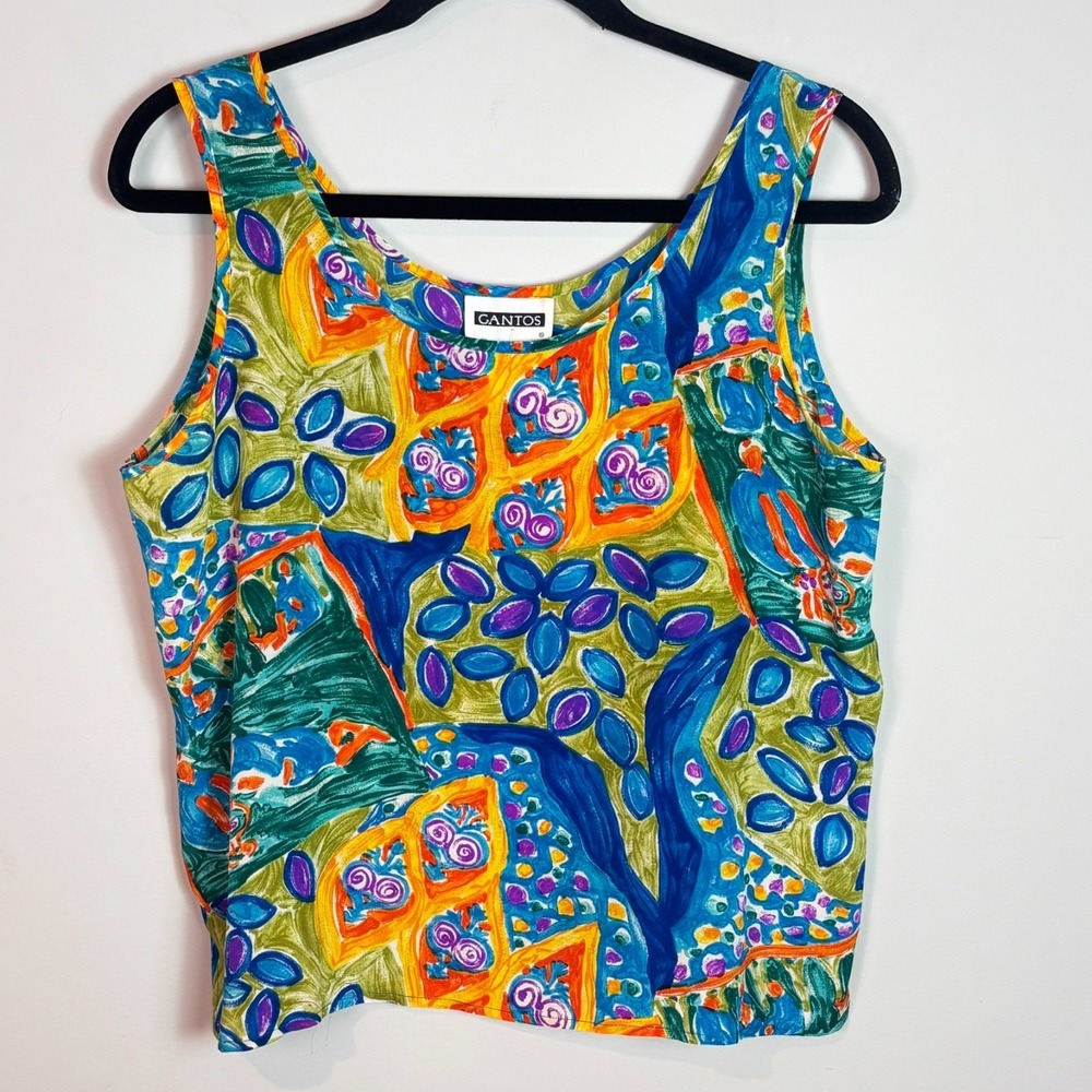 Vintage Gantos 100% Silk Womens Colorful Watercolor Pattern Tank sz MED artsy